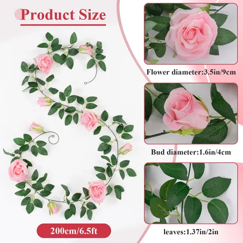 Miniatura 3 de U'Artlines Paquete de 5 guirnaldas florales de vid de rosas artificiales de color rosa en total de 32.5 pies, guirnalda de flores de seda de vid