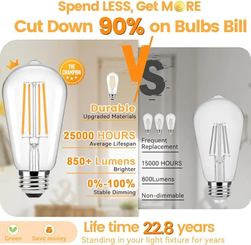 Miniatura 5 de Brightever Bombillas ámbar regulables equivalentes a 60 W, bombillas LED Edison vintage de 2200 K, 850 LM, 90+CRI, 7 W ST58 E26, bombilla LED