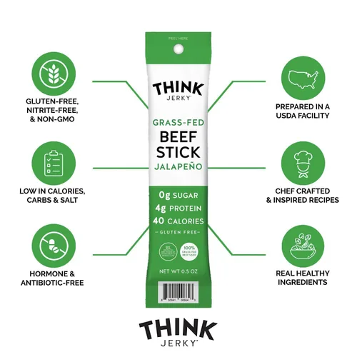 Miniatura 3 de Think Jerky Palitos de Carne de Res con Jalapeño, Sin Gluten y Sin Azúcar, Sin Nitratos, Apto para Keto y Paleo, Snack de Carne Alto en Proteínas