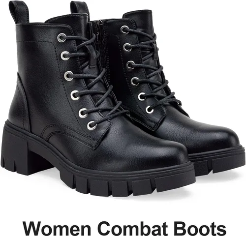 Miniatura 5 de Vepose Botines de combate 9626 para mujer, plataforma con cordones y tacón grueso con cremallera lateral