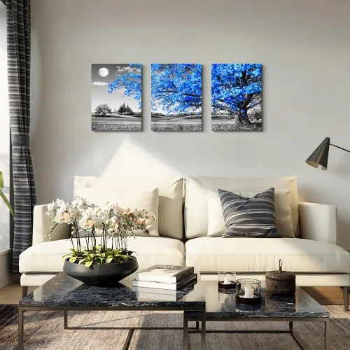 Miniatura 2 de Arte de pared para sala de estar, blanco y negro, árbol azul, luna, lienzo para decoración de pared para el hogar, obra de arte enorme, pintura