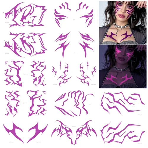 Miniatura 10 de 12 tatuajes temporales morados que brillan en la oscuridad, tatuajes falsos de baile para cosplay, Halloween, festival de música, maquillaje