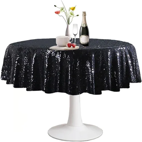 Manteles redondos de lentejuelas negros para fiestas, de 121,9 cm, mantel redondo de purpurina ajustado, pequeño, lindo y dulce, para boda,