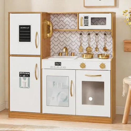 Miniatura 3 de Conjunto de Juguete de Cocina de Madera con Luz, Juego de Cocina de Pretensión para Niños, Juego de Cocina de Juguete con Fregadero, Horno