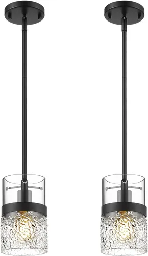 Miniatura 10 de LMS Paquete de 2 Luces Colgantes Modernas, Luz Colgante Dorada Cepillada para Isla de Cocina con Vidrio Martillado, Lámparas Colgantes Ajustables