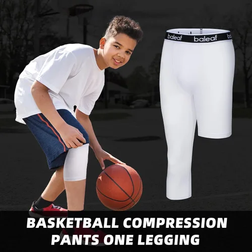 Miniatura 7 de BALEAF Leggings de compresión 34 para niños y jóvenes, pantalones capri de entrenamiento atlético, pantalones de baloncesto para niños, capa base