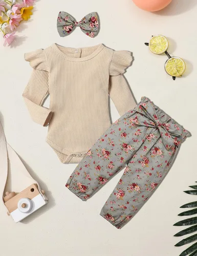 Miniatura 6 de KANGKANG Ropa de bebé recién nacida, mameluco acanalado con mangas con volantes + pantalones florales + diadema lindo traje de bebé niña 3 piezas