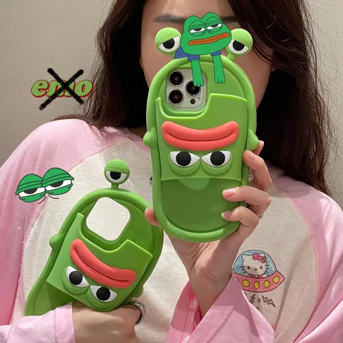 Miniatura 5 de Yatchen Fundas Kawaii para iPhone 13, bonitas fundas de teléfono con diseño de dibujos animados verdes con boca de salchicha, rana, chanclas, funda