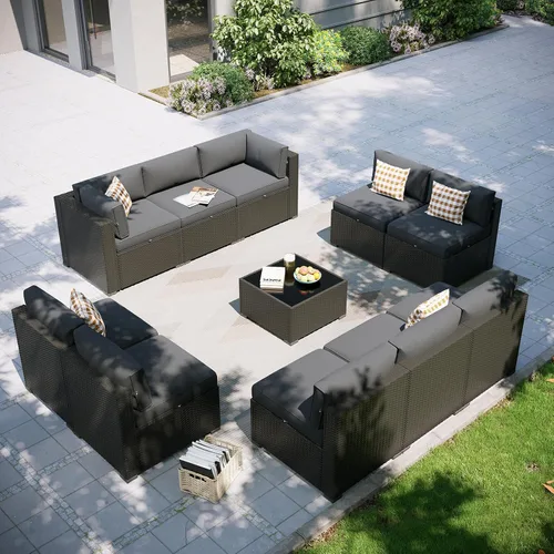Miniatura 11 de Aoxun Juego de muebles de patio, 7 piezas de sofás seccionales para exteriores con funda impermeable, mimbre de ratán para exteriores, juego