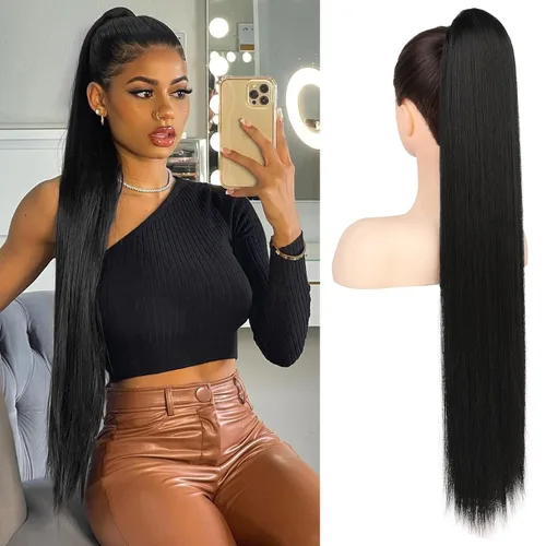 Miniatura 25 de Flufymooz - Extensión de cola de caballo de 26 pulgadas, extensiones de cabello con cordón y clip rectas, cola de caballo falsa natural suave