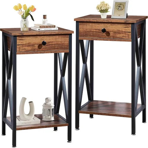 Miniatura 15 de VECELO Mesitas de noche modernas y versátiles con diseño en X, mesa auxiliar lateral con cesta de almacenamiento, mesita de noche con estante