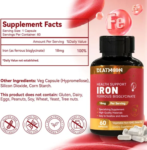 Miniatura 6 de Paquete de 2 suplementos de hierro para mujeres y hombres, cápsulas de bisglicinato de hierro altamente absorbentes para adultos, veganas, sin OMG
