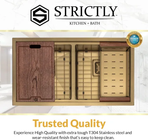 Miniatura 5 de Strictly Sinks - Fregadero de cocina dorado de 32 pulgadas, resistente a arañazos y manchas, rejilla inferior de doble tazón de calibre 16, tabla