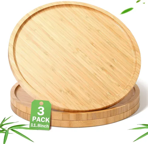 Miniatura 8 de Meanplan 3 bandejas redondas de bambú a granel para charcutería, bandejas redondas de madera de bambú con borde, plato de verduras de madera pulida
