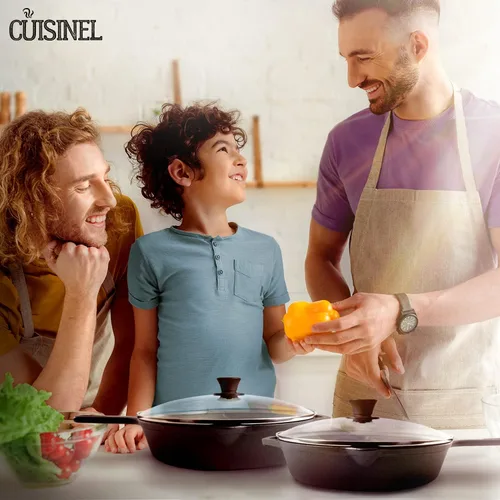Miniatura 2 de Juego de sartenes de hierro fundido Cuisinel - sartén de 10 + 12 pulgadas + tapas de vidrio + 2 fundas de agarre para mangos - Utensilios de cocina