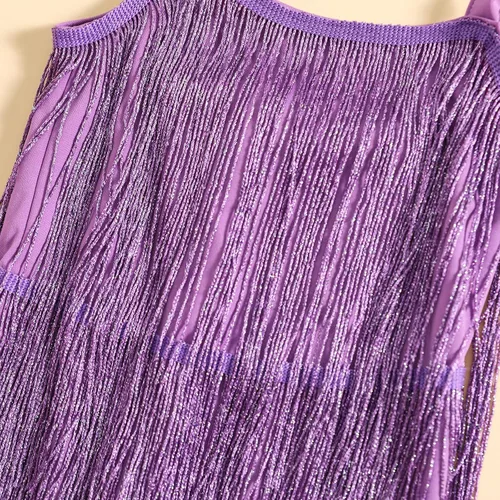 Miniatura 4 de WALLARENEAR Vestido de lentejuelas para niños, vestido sin mangas con borlas brillantes, vestido de baile latino para fiesta, vestido de baile