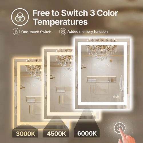 Miniatura 6 de Espejo de tocador LED de 24 x 36 para baño, espejo LED frontal y retroiluminado para baño con 3 luces de color, espejo de tocador de pared
