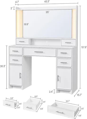 Miniatura 2 de AOGLLATI Escritorio de maquillaje con espejo y luces, mesa de tocador blanca con 3 luces de color, 7 cajones de almacenamiento y espejo grande