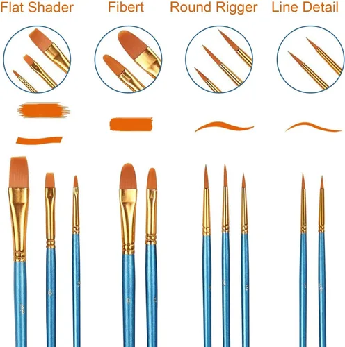 Miniatura 2 de Juego de pinceles de pintura acrílica, 5 paquetes/50 cepillos de pelo de nailon para todo uso, óleo, acuarela, pintura, artista, kits profesionales