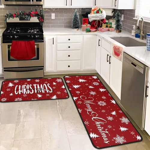Miniatura 5 de Juego de 2 alfombras y tapetes de cocina de Navidad, decoraciones navideñas para el hogar, parte trasera antideslizante, tapete de cocina de Copo