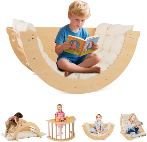 Miniatura 14 de INFANS Balancín de madera para escalar arco con cojín suave, 6 en 1, juguetes Montessori de escalada para niños pequeños, mesa Waldorf