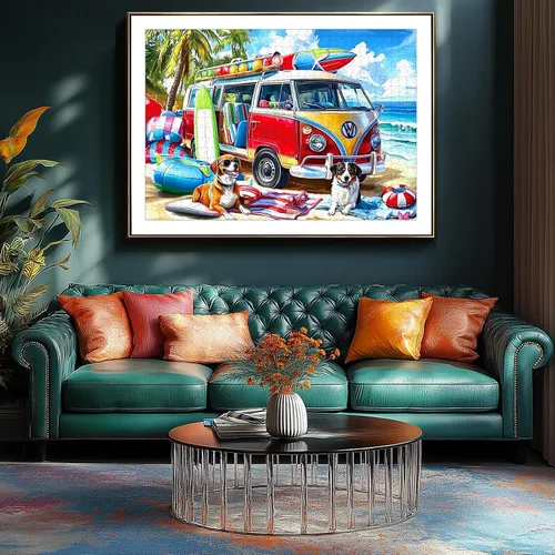 Miniatura 4 de Rompecabezas de 1000 piezas para adultos, camioneta de playa de verano con tema de perros, 27.56 x 19.69 pulgadas, alivio del estrés y decoración