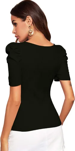 Miniatura 2 de WDIRARA - Camiseta elegante para mujer, con manga corta abombada y cuello cuadrado