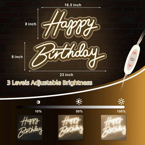 Miniatura 2 de ATOLS Letrero de neón grande de feliz cumpleaños para decoración de pared 2 piezas, con interruptor regulador, letrero de luz de neón reutilizable