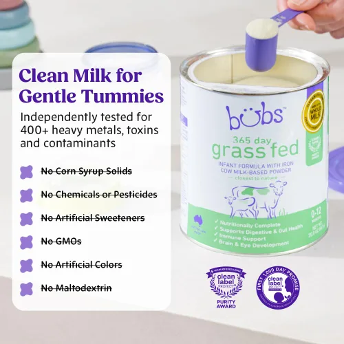 Miniatura 4 de Bubs Fórmula Infantil de 365 Días de Ganado Alimentado con Pasto con Hierro, Polvo a Base de Leche de Vaca para Bebés de 0-12 Meses, Hecha con Leche