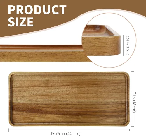 Miniatura 2 de 1 pieza 15.7" x 7" Bandeja grande de madera maciza de acacia sólida rectangular Bandeja de servir de madera natural para bar, café, fiesta