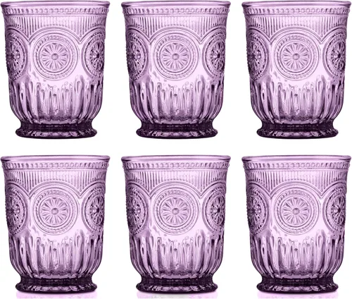 Cristalería morada, juego de 6 vasos de beber morados, pequeños vasos de vidrio vintage de colores texturizados, vasos de agua morados de 8 onzas