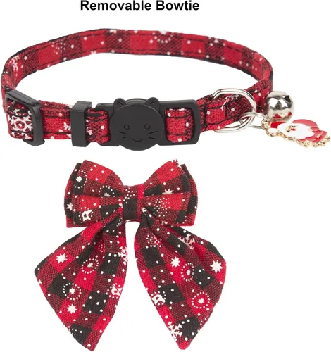 Miniatura 4 de ADOGGYGO Collares Navideños para Gatos de Liberación Rápida con Lazo Elegante, Paquete de 2 Collares de Gatito Navideños a Cuadros Rojos y Verdes