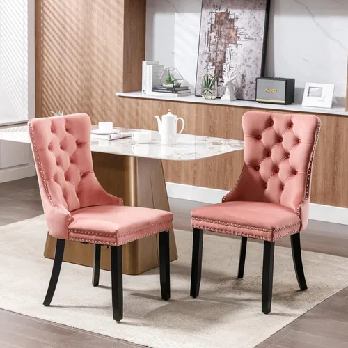 Miniatura 25 de Juego de 2 sillas de comedor de terciopelo, sillas decorativas tapizadas con botón acolchonado, ribete de cabeza de clavo y tirador de anillo Naranja