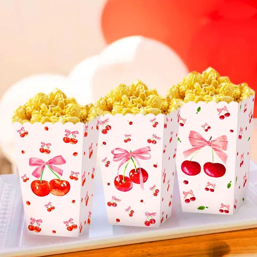 Miniatura 4 de Cajas de palomitas de maíz de cereza rosa, bolsas de regalo de cereza y lazos, 12 unidades, cereza en la parte superior, cajas de dulces, decoración