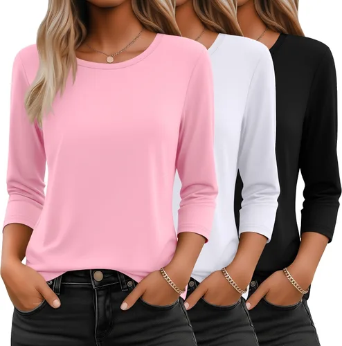 Miniatura 26 de Ficerd Paquete de 3 camisetas de manga 3/4 para mujer, cuello redondo, camisetas básicas elegantes, casuales, modernas, holgadas