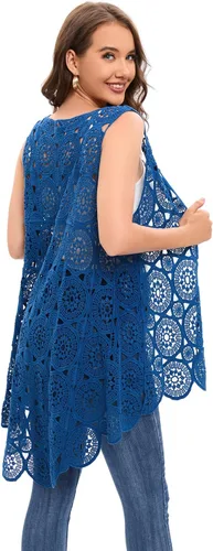 Miniatura 5 de Chaleco de encaje de ganchillo para mujer, estilo bohemio, sin mangas, kimono con dobladillo irregular