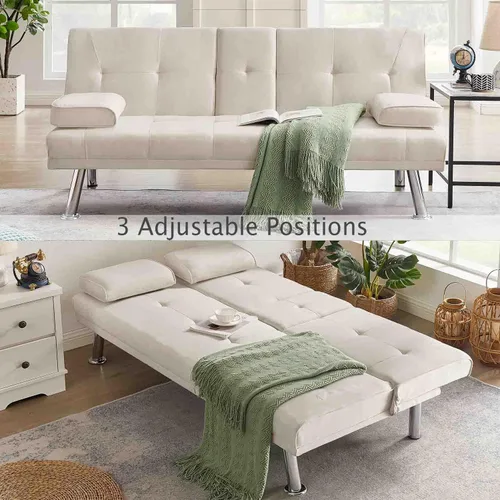 Miniatura 4 de Sofá cama futón tapizado de lino 100% tela con 2 portavasos/patas/reposabrazos extraíbles, sofá cama convertible moderno, sofá biplaza tapizado
