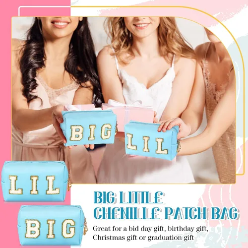 Miniatura 6 de Hillban 2 piezas Big Little Sorority Gifts Preppy Bolsa de cosméticos de piel sintética con parche de letras, bolsa de maquillaje portátil con bolsa