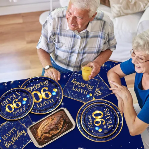 Miniatura 5 de Decoración de cumpleaños 90 para hombres - Juego de 142 piezas en azul marino y dorado (sirve para 20) Incluye pancarta de feliz cumpleaños 90