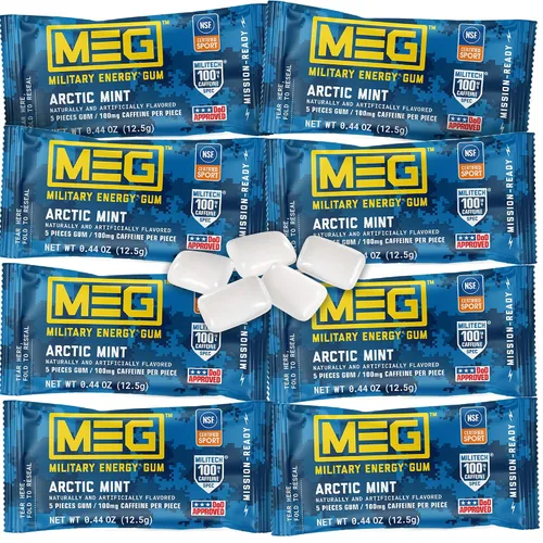 Miniatura 13 de MEG - Goma de mascar de energía militar 100 mg de cafeína por pieza + aumenta la energía + aumenta el rendimiento físico + paquete de 4