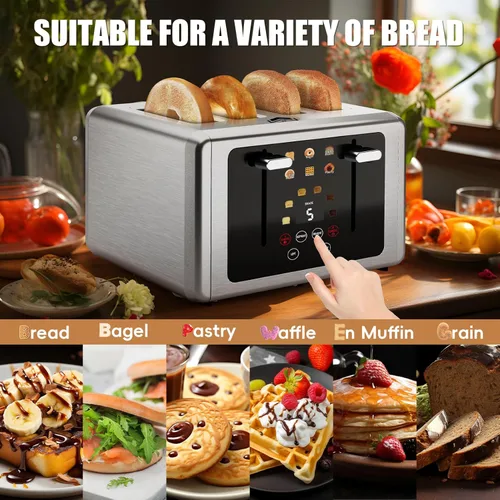 Miniatura 4 de WUNLY Tostadora de 4 rebanadas, pantalla táctil y panel de control independiente dual, 5 funciones básicas y tostadoras con cuenta regresiva
