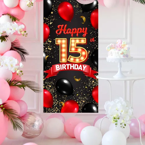 Miniatura 7 de Cartel de feliz cumpleaños número 15 rojo y negro, globos de fondo para decoración temática para niñas y mujeres, princesas de 15 años, suministros