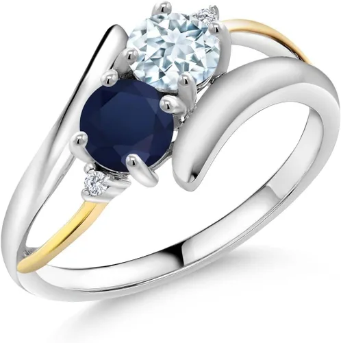 Anillo cruzado de 2 piedras de plata esterlina 925 y oro amarillo de 10 quilates, azul aguamarina, zafiro azul aguamarina y diamante blanco