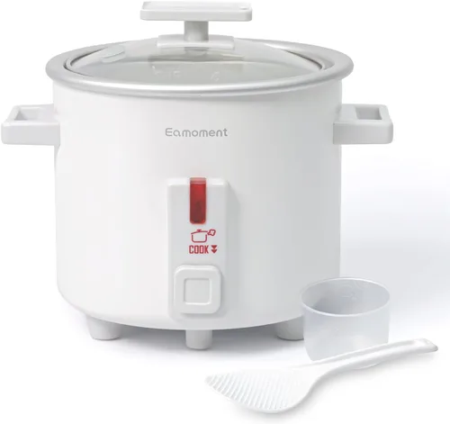 Pequeña olla arrocera blanca de 1.5 cuartos de galón, con revestimiento antiadherente, vaporizador de alimentos y tapa de vidrio apta para