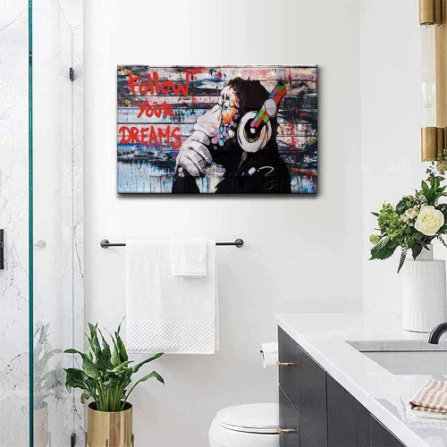 Miniatura 4 de Lienzo enmarcado de Banksy Graffiti para pared, póster de mono con auriculares, impresiones de pintura callejera, arte pop para sala de estar, listo
