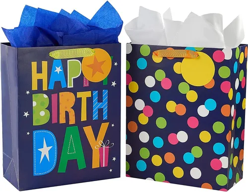 SUNCOLOR Paquete de 2 bolsas de regalo grandes de 13 pulgadas con papel de seda para él, feliz cumpleaños, bolsas de papel ecológicas con asas de