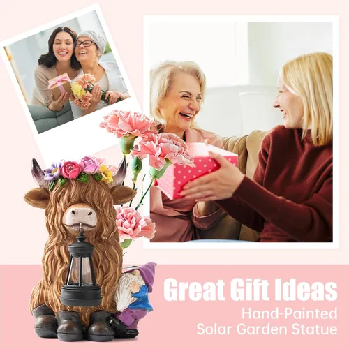 Miniatura 5 de TOLIMI - Farol de jardín con estatuas de resina de vaca de las tierras altas con gnomo, decoración de luz solar para exteriores, decoraciones