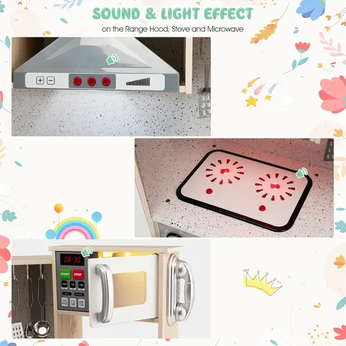 Miniatura 5 de Costzon Juego de cocina para niños, cocina de juego de simulación de madera 9 en 1 con luz y sonido realistas, máquina de hielo, lavadora
