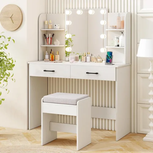 Miniatura 12 de CHARMAID - Escritorio pequeño de tocador con espejo y luces, mesa de tocador de maquillaje con estación de carga, cajones, estantes, mesa lateral