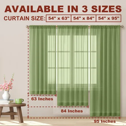 Miniatura 5 de YHSF Cortinas traslúcidas – Juego de 2 paneles para decoración del hogar – Elegantes cortinas de gasa sólida con bolsillo para barra para Verde